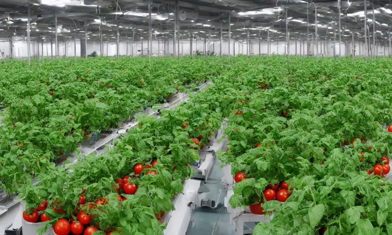 Prompt: small factory with automated hydroponics system with tomatoes, vegetable production, agriculture, bright, modern, robotic arms, technology