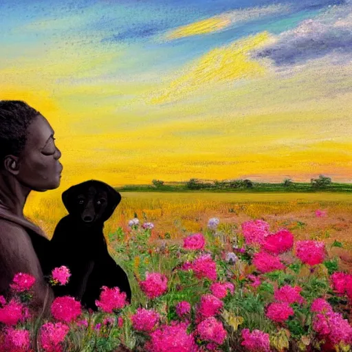 Image similar to a pregnant east african woman with her black puppy in a vast field of flowers, looking off into the sunset, relaxing, wide shot, golden hour, vintage, impressionist painting, fine art, oil painting, dreamy, pastel, laughing, happy, intricate details, sharp, peaceful, serene