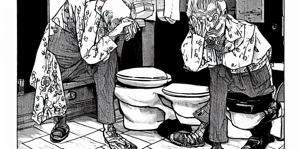 Prompt: An old man in his 80’s with a cane falls on the floor in a toilet, by Junji Ito