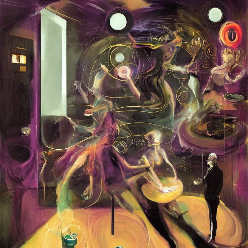 Prompt: Man and woman start to bounce in a caffe, floating dark energy surrounds the middle of the caffe. There is one living room plant to the side of the caffee, surrounded by a background of dark cyber mystic alchemical transmutation heavenless realm, cover artwork by francis bacon and Jenny seville, midnight hour, part by adrian ghenie, part by jeffrey smith, part by josan gonzales, part by norman rockwell, part by phil hale, part by kim dorland, artstation, highly detailed