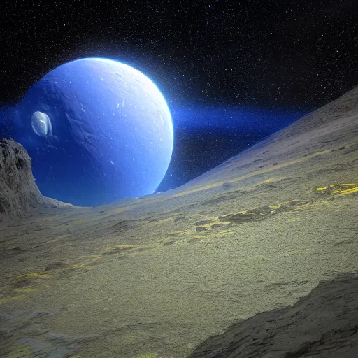 Image similar to realistic photo of a rocky alien planet with water in the dark space seen from an space probe, with blue and yellow continents, unreal engine, blender