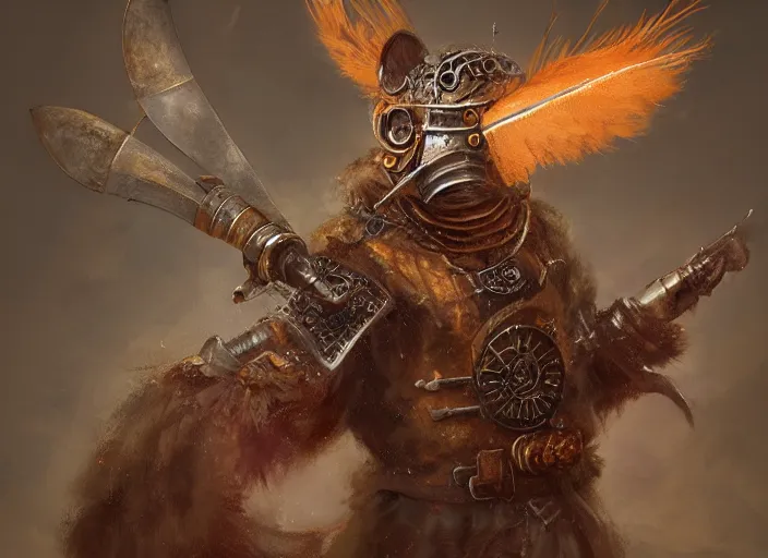 Prompt: ashigaru steampunk feathered mouse, colorful plumage, lacquered armor, polearm glaive, cute but determined, hard focus, art station, by jessica rossier and brian froud, cinematic, orange grey white