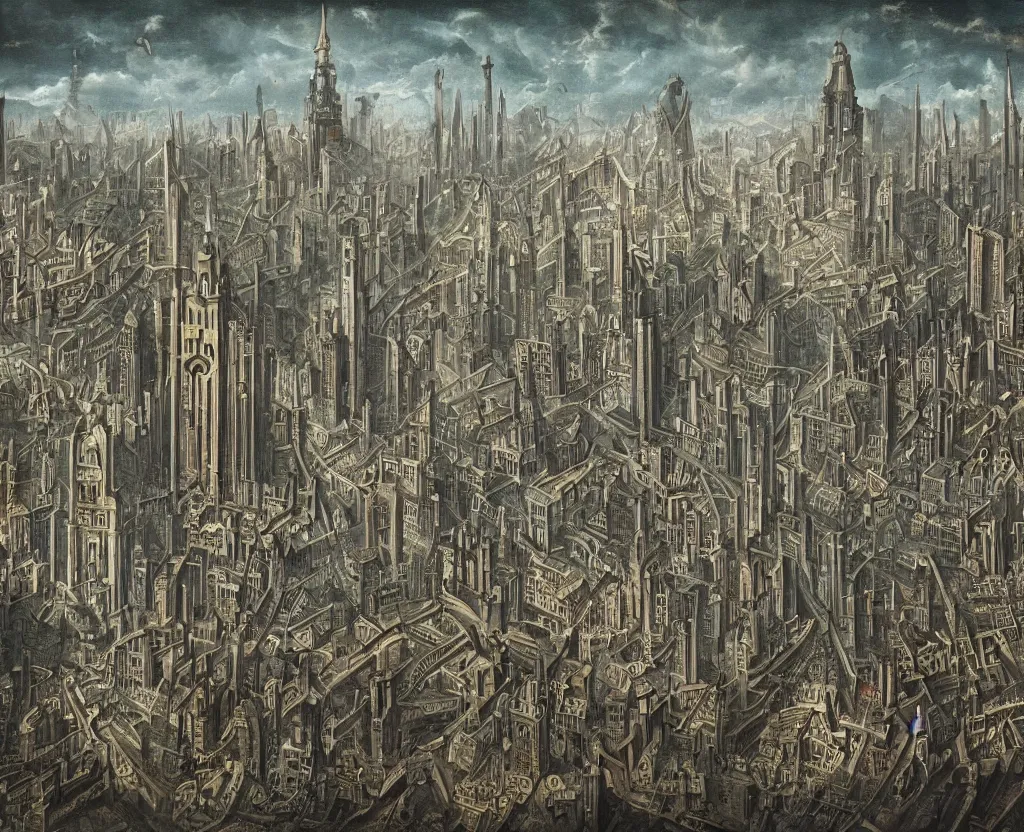 Image similar to a megalopolis in the style of Dystopian gothic surrealism painting