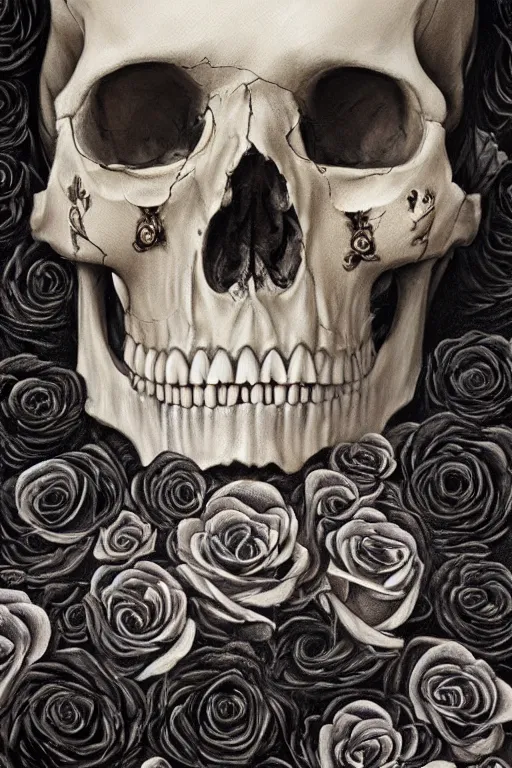 Prompt: A hyper-realistic and beautiful painting of a human skull adorned with black roses , detailed and intricate , horror, creepy, memento mori , smoke, ominous, unnerving , matte painting, cinematic, cgsociety, as featured in Artstation, James jean, Brian froud , rossdraws hyperrealism, award winning artwork, trending on artstation, high quality printing, fine art with subtle redshift rendering