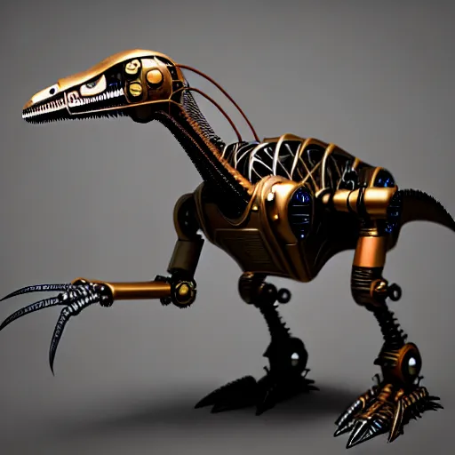 Image similar to steampunk robot velociraptor, photorealistic 3 d octane render, unreal engine