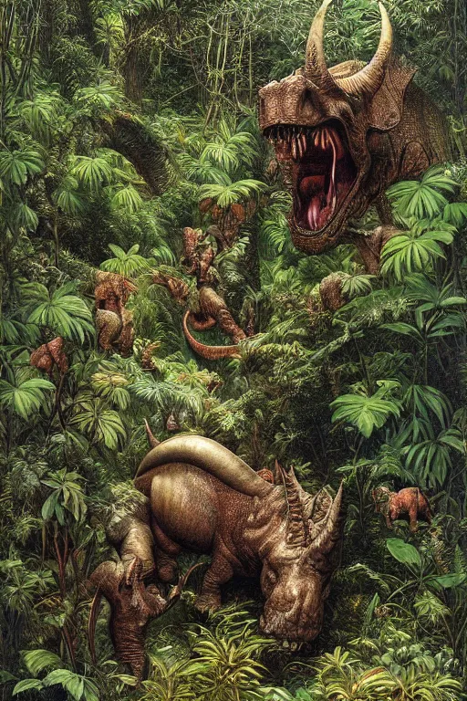 Prompt: ! dream a triceratops charging toward the viewer in a lush tropical jungle, fluid, smooth, bright, colours, high contrast, sharpness, very detailed, intricate, by donato giancola, gustave dore and junji ito