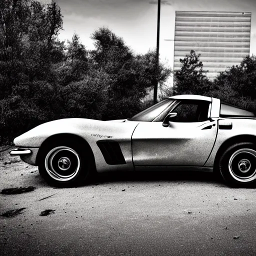 Prompt: black and white press photograph of a rusted abandoned chevrolet corvette 2 0 2 2 on an empty abandoned city street, full view, detailed, natural light, mist, film grain, soft vignette, sigma 5 0 mm f / 1. 4 1 / 1 0 sec shutter, imax 7 0 mm footage