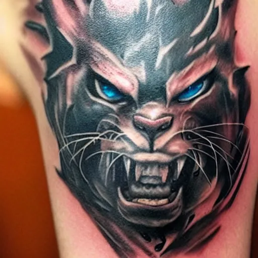 Prompt: a tatoo of rengar from league of legends,