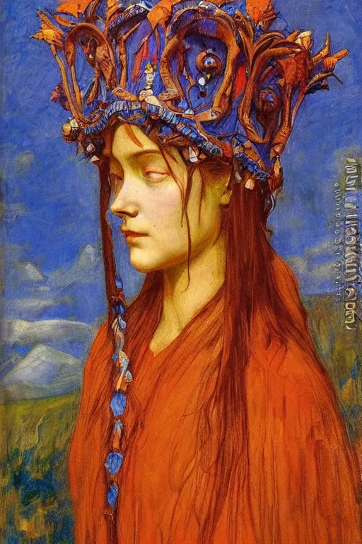 Image similar to queen of summer by Annie Swynnerton and Nicholas Roerich, strong dramatic cinematic lighting , ornate headdress , flowing robes, lost civilizations, smooth, sharp focus, extremely detailed