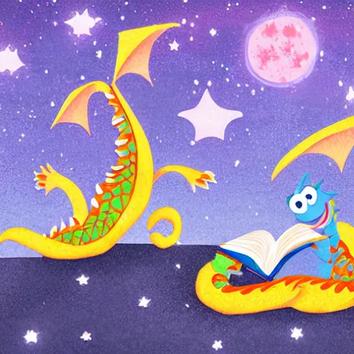 Image similar to cute dragon reading a book under the stars