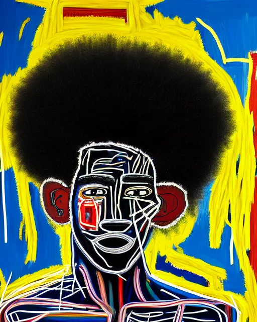 Image similar to A extremely ultra highly detailed majestic hi-res beautiful immaculate head and shoulders award winning painting stunning masterpiece of the face of a strong black african man with an afro by Jean-Michel Basquiat, 8k, high textures, ultra hyper sharp, insanely detailed and intricate, super detailed, 8k HDR ultra high quality