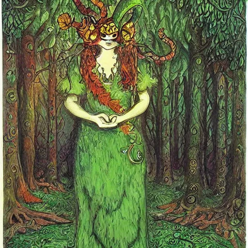 Prompt: a green genie ready to grant wishes deep in the forest, fantasy illustration, Louis wain