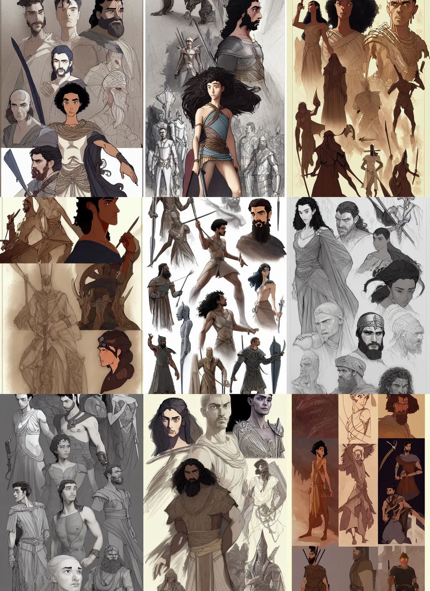 Prompt: detailed pencil spot illustrations of various character concepts from the prince of egypt and game of thrones crossover movie, various poses, by burne hogarth, by bridgeman, by anthony ryder, by yoshitaka amano, by ruan jia, by conrad roset, by mucha, cgsociety, artstation.