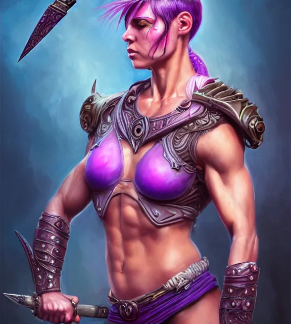 Image similar to muscular female warrior holding hilt of dagger, perfect face, diadem, neon tattoos, black halter top, purple hair, abs, cinematic, blush, stunning, athletic, strong, agile, highly detailed, psychedelic, digital painting, artstation, smooth, hard focus, illustration, art by jessica rossier and and brian froud