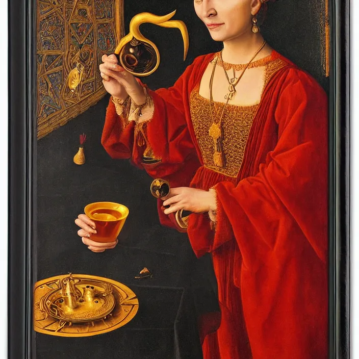 Image similar to a closeup portrait of a horned woman, drinking a golden elixir, drinking, chalice, in a heart nebula, golden hour, by jan van eyck