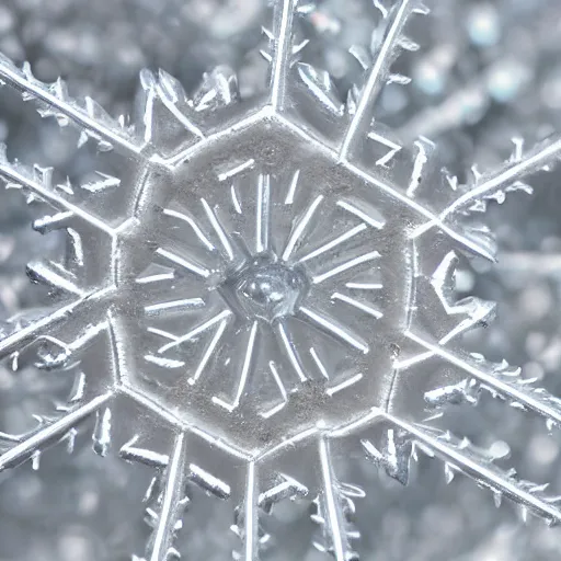 Prompt: glistening macro shot of a snowflake with 5 - fold symmetry, extremely detailed and intricate!!!, hd, 4 k