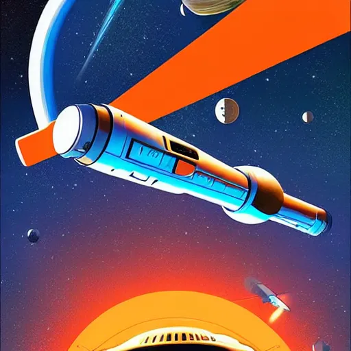 Image similar to Blue V2 rocket in space, tin tin, planet in the style of orange company, intricate, SCI-Fi, movie poster, high detail, digital art by raphael lacoste