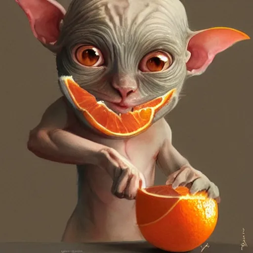 Prompt: An adorable hairless goblin cat stealing an orange, by Stanley Artgerm Lau, WLOP, Rossdraws, James Jean, Andrei Riabovitchev, Marc Simonetti, and Greg Rutkowski, trending on artstation