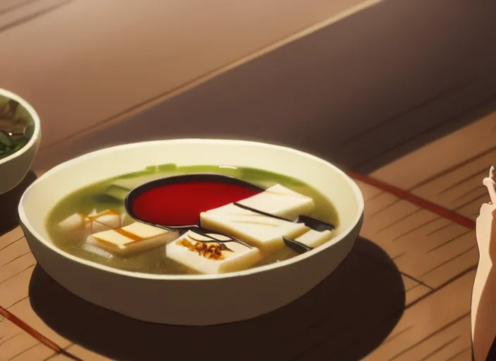 Image similar to a film still portrait of a bowl with miso soup, finely detailed features, closeup at the food, perfect art, at a dinner table, gapmoe yandere grimdark, trending on pixiv fanbox, painted by greg rutkowski makoto shinkai takashi takeuchi studio ghibli, akihiko yoshida