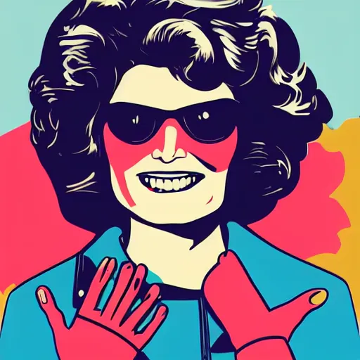 Prompt: individual jacqueline kennedy portrait fallout 7 6 retro futurist illustration art by butcher billy, sticker, colorful, illustration, highly detailed, simple, smooth and clean vector curves, no jagged lines, vector art, smooth andy warhol style