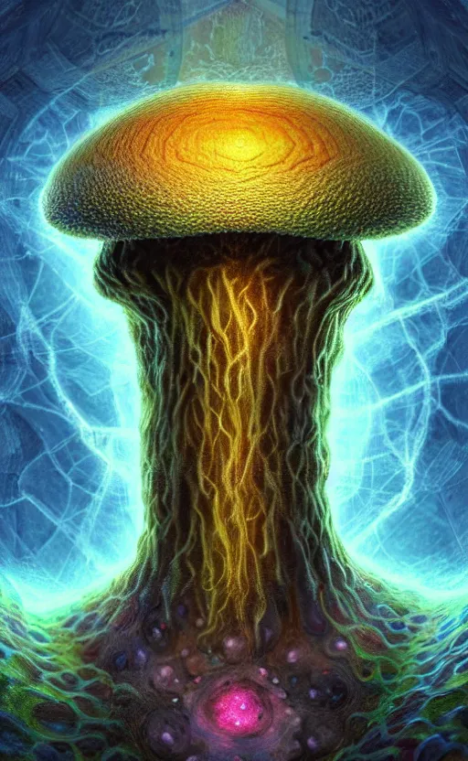 Prompt: enormous mushroom man deity of the stars resides inside void manifold, mycelium forms quantum foam, fractal of scary dirac equations, portrait by ross tran, timeline nexus, ascending universes, a dnd illustration of esoteric concept by cgsociety and james gurney, artstation, hdr, rtx, iridescent wise mushroom deity