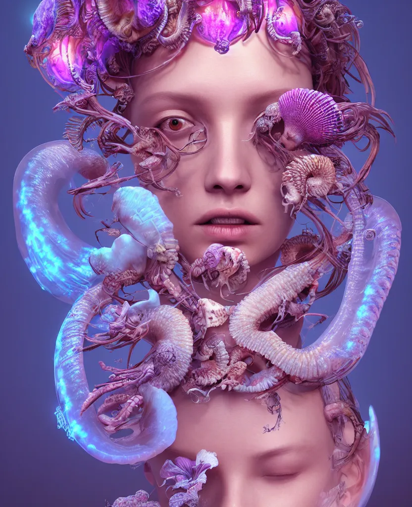Image similar to goddess princess beautiful face close-up portrait ram skull. jellyfish phoenix head, nautilus, orchid, skull, betta fish, bioluminiscent creatures, intricate artwork by Tooth Wu and wlop and beeple. octane render, trending on artstation, greg rutkowski very coherent symmetrical artwork. cinematic, hyper realism, high detail, octane render, 8k