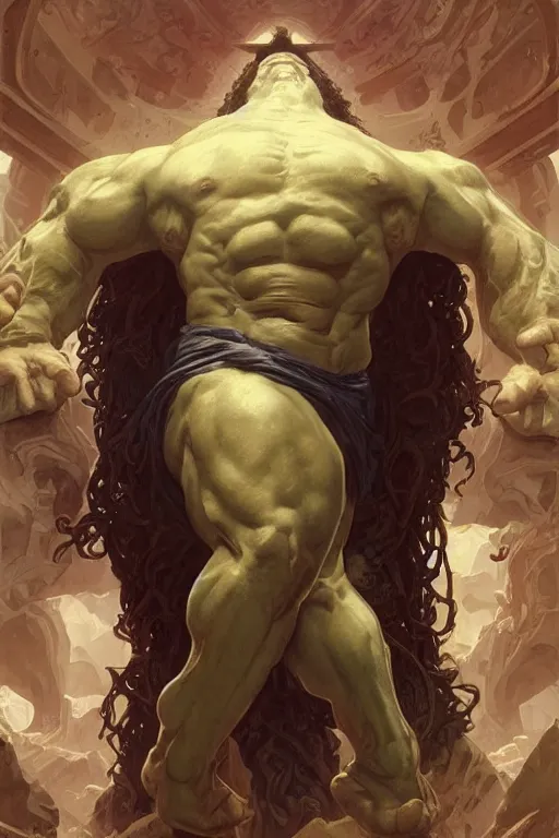 Prompt: hulking herculean ogre jesus christ, on the cross, masterpiece, intricate, elegant, highly detailed, digital painting, artstation, concept art, smooth, sharp focus, illustration, art by artgerm and greg rutkowski and alphonse mucha and uang guangjian and gil elvgren and sachin teng, symmetry!!