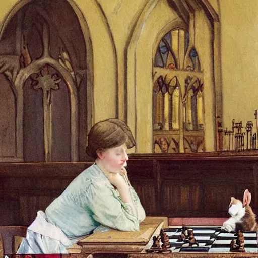 Image similar to a young edwardian woman playing chess with a rabbit inside a church, in the style of carl larsson