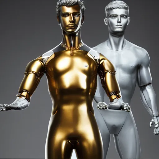 Image similar to a realistic detailed photo of a guy who is an attractive humanoid who is half robot and half humanoid, who is a male android, attractive and handsome soccer players, shiny skin, posing like a statue, blank stare, in a factory, on display, showing off his muscles, gold soccer shorts, side view, looking at each other mindlessly