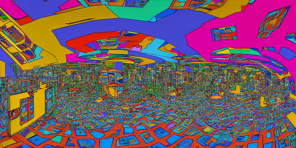 Image similar to colorful equirectangular room by escher