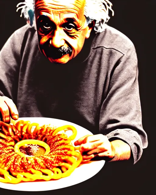 Prompt: A photo of Albert Einstein eating jalebi, highly detailed, trending on artstation, bokeh, 90mm, f/1.4