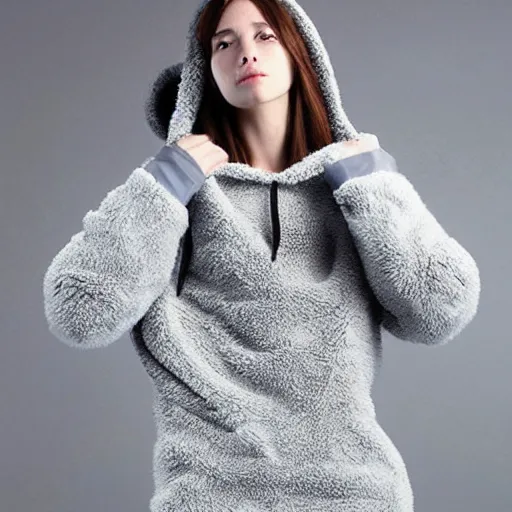 Image similar to big fluffy hoodie high fashion from another dimension similar to a space suit