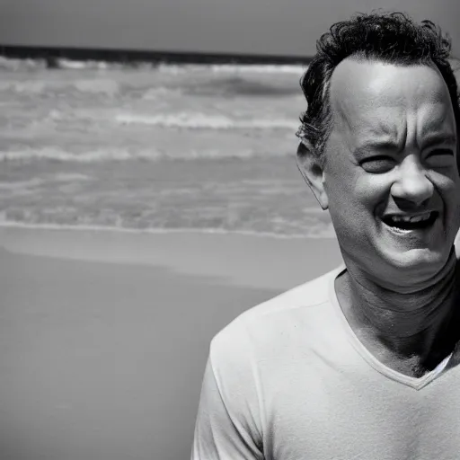 Image similar to tom hanks on a surfboard at the beach, photography, 3 5 mm lens,