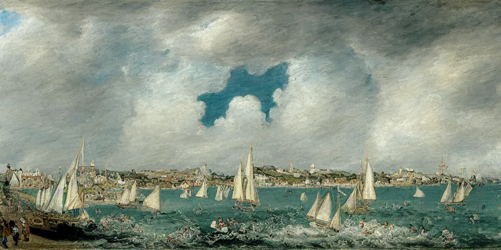 Image similar to a painting of the harbour at St Peter Port, Guernsey, small houses, boats, sea, stormy clouds, by François Boucher, by Antoine Watteau