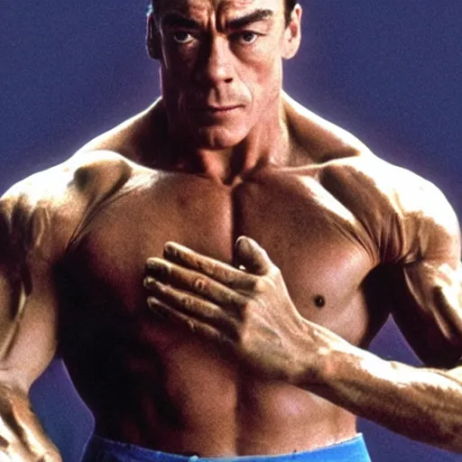 Image similar to jean-claude van Damme saluting by putting the tip of his foot against is head