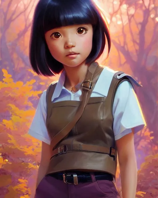 Image similar to real girl dora the explorer wearing her cloth made from leather, fine detail!! anime!! realistic shaded lighting!!, kim hyun joo, digital painting by ilya kuvshinov, magali villeneuve, artgerm, jeremy lipkin and michael garmash and rob rey