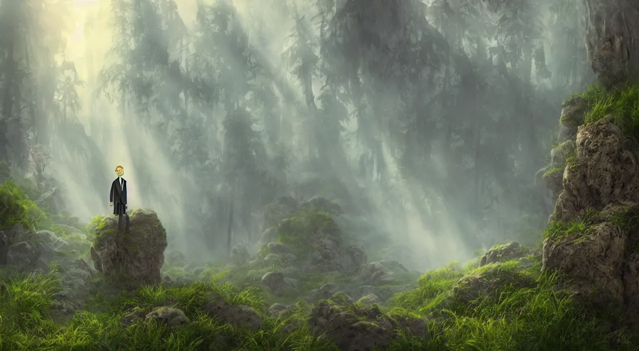 Image similar to photorealistic matte painting of mr burns of the simpsons standing far in misty overgrowth undergrowth jagged rock features volumetric fog light rays high contrast dawn