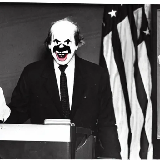 Image similar to photo of an old television showing a president that has a clown face and is giving a speech over a podium