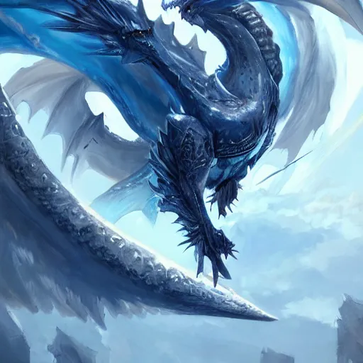 Prompt: a blue eye white dragon, battlefield background, bright art masterpiece artstation. 8 k, sharp high quality artwork in style of greg rutkowski, concept art by tooth wu, blizzard warcraft artwork