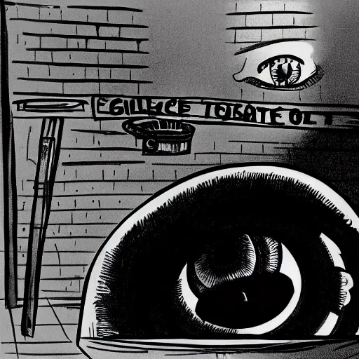 Prompt: a giant eyeball being interrogated by police in an interrogation room