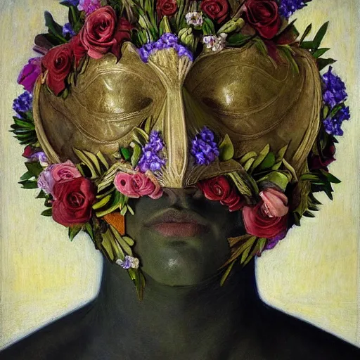 Prompt: masterpiece painting of a facemask made of flowers, by annie swynnerton and jean delville and tino rodriguez and diego rivera, photorealistic, flower mask, symbolist, dramatic lighting, god rays, elaborate geometric ornament, clean crisp graphics, soft cool colors, smooth sharp focus, extremely detailed