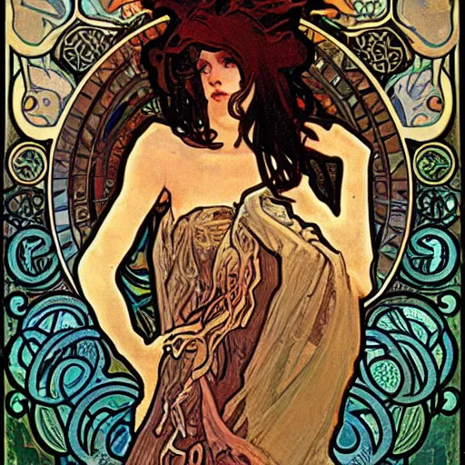 Image similar to lovecraftian protagonist by alphonse mucha