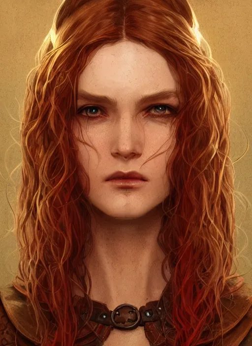 Image similar to vertical portrait of a ruggedly handsome female cleric, soft hair, close - up face, leather, witchy, d & d, fantasy, intricate, elegant, highly detailed, digital painting, artstation, concept art, smooth, sharp focus, illustration, art by artgerm and greg rutkowski and alphonse mucha, plain red background