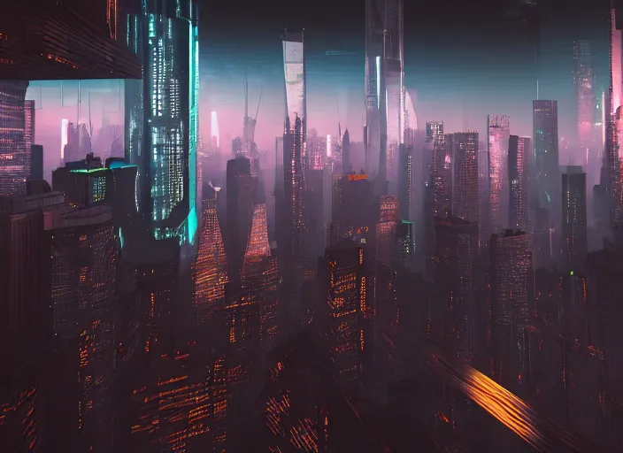 Image similar to cyberpunk scifi scene of new york skyline at night, artstation, matt painting, very detailed, maximalism, ambient occlusion, volumetric light, atmospheric haze, unreal engine, hyper realism, realistic shading, cinematic composition, realistic render, octane render, detailed textures, photorealistic, wide shot