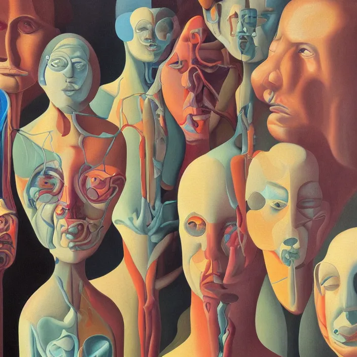 Image similar to group of people pictured in afternoon light, close - up of the faces, anatomically and proportionally correct, surrealist oil painting by james jean, dora maar and rene magritte, detailed, cgsociety,