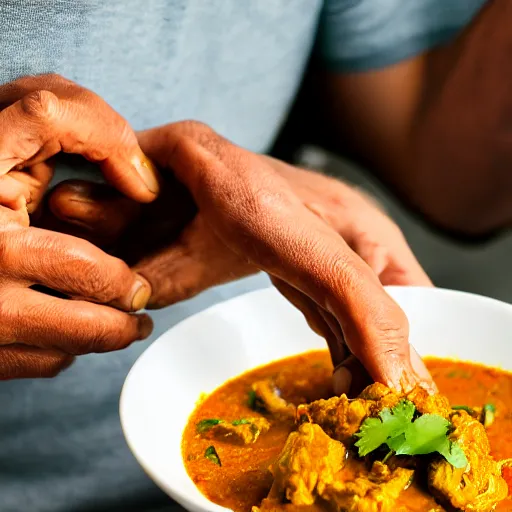 Image similar to photo of a man ecstatically eating a bowl of indian curry. weeping with joy, hands raised