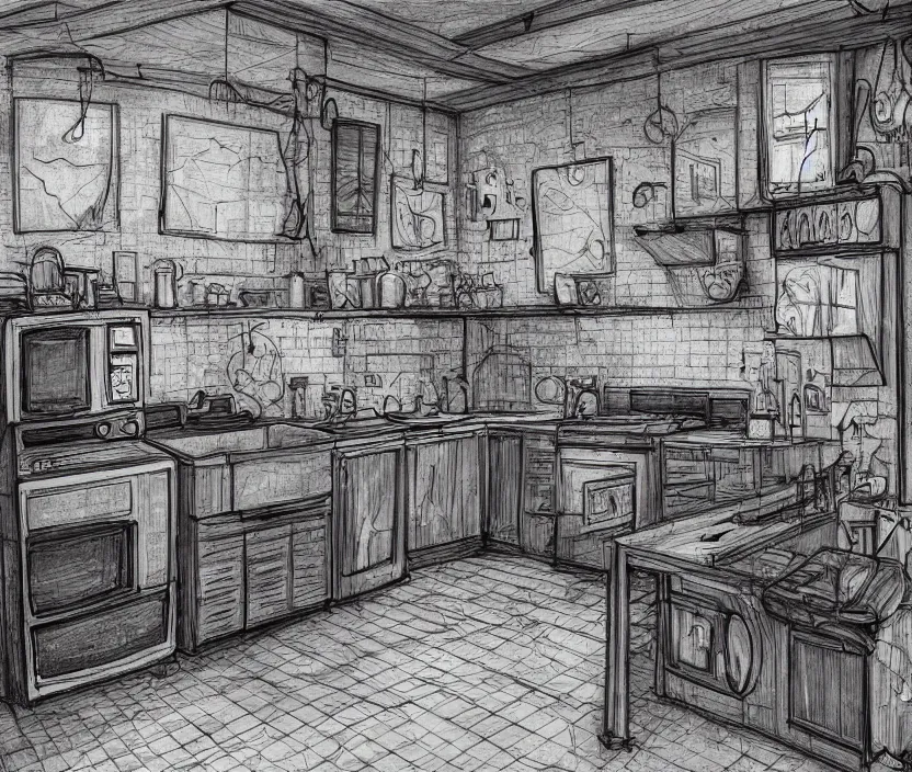 Prompt: An of interior of a kitchen at night, rotoscoped, rotoscope, photoshop, photomanipulation, realism, painting, illustration and sketch, weird scribbles, hybrid styles, hybrid art styles, mismatched, trending on artstation, trending on deviantart, weird, quirky, interesting, very detailed, highly detailed, HD Quality, 4k resolution, 8k resolution, in the style of David Firth, in the style of James Lee, in the style of Drue Langlois,