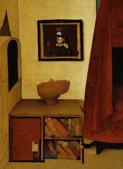 Prompt: bookshelf with books and children toys, medieval painting by jan van eyck, johannes vermeer, florence