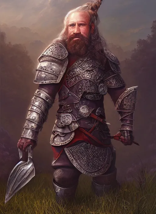 Image similar to A fantasy portrait painting of a male dwarf wearing leather armor on a beautiful meadow, DAZ, hyperrealistic, ambient light, dynamic light, trending on artstation, d&d, RPG portrait