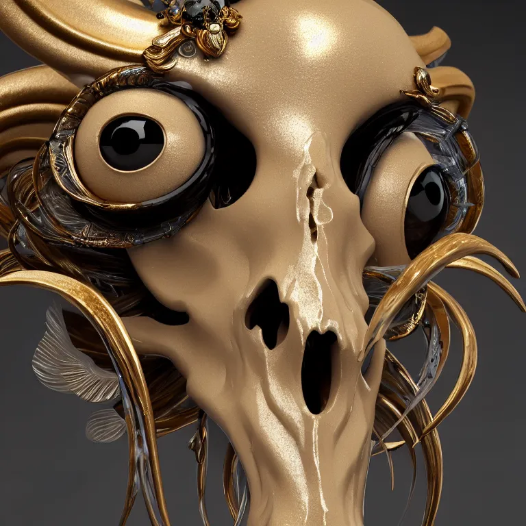 Image similar to goddess princess face close-up portrait ram skull. sculpture made of polished gold and matte obsidian. jellyfish phoenix head, nautilus, orchid, skull, betta fish, bioluminiscent creatures, intricate artwork by Tooth Wu and wlop and beeple. octane render, trending on artstation, greg rutkowski very coherent symmetrical artwork. cinematic, hyper realism, high detail, octane render, 8k